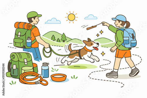 Couple hiking with dog, enjoying outdoor adventure and nature illustration