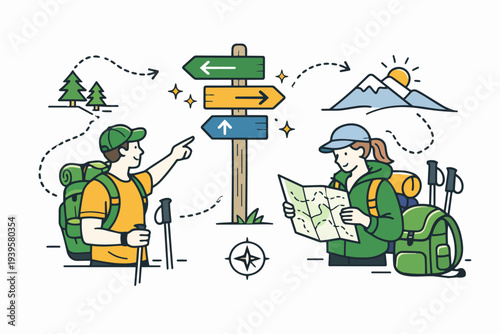 Backpackers navigating and choosing path with map and signpost for outdoor adventure
