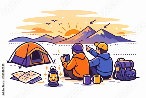 Friends camping in mountains watching sunrise, enjoying outdoor adventure together