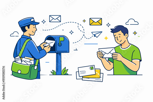 Mailman delivering letter to a mailbox, man receiving mail, message communication