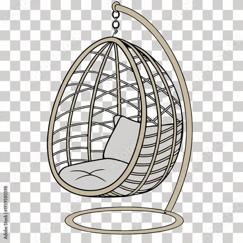 A hanging wicker chair dominates the frame, centered and suspended from a metal chain at the top. The chair features a rounded, teardrop shape with a woven pattern in a natural, light brown color. Ins