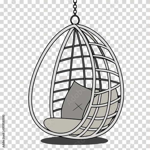 A hanging wicker chair dominates the frame, centered and suspended from a metal chain at the top. The chair features a rounded, teardrop shape with a woven pattern in a natural, light brown color. Ins