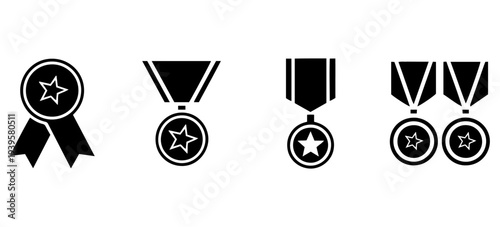 Medal set with ribbon. Black award badges. Vector seal collection in flat style