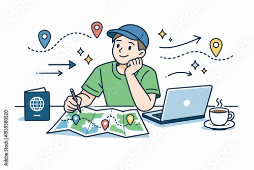 Man planning travel itinerary using map and laptop, dreaming about future journey