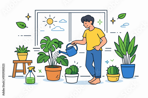 Man enjoying gardening hobby, watering houseplants inside bright room for plant care