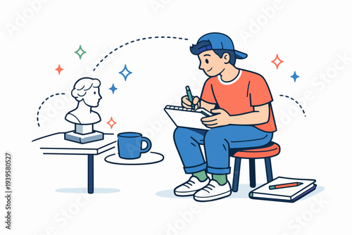 Young artist sketching a bust, developing creative skills and artistic talent