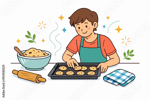 Young boy baking cookies, preparing homemade dough for cooking