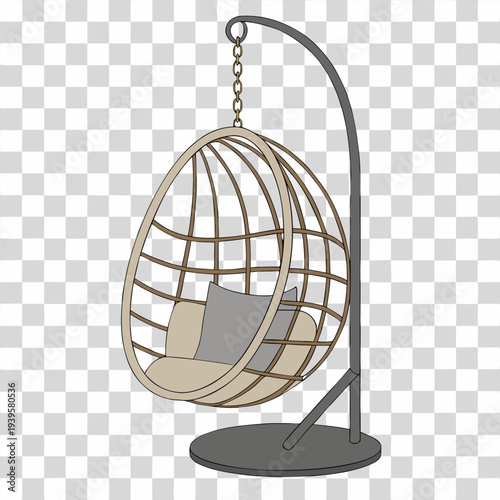 A hanging wicker chair dominates the frame, centered and suspended from a metal chain at the top. The chair features a rounded, teardrop shape with a woven pattern in a natural, light brown color. Ins