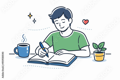 Young man writing on a journal at desk with coffee and potted plant