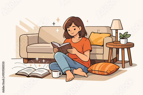 Woman reading book at home, enjoying cozy leisure time indoors