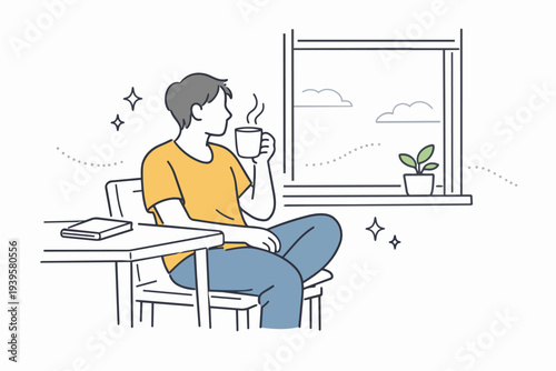 Employee enjoying relaxing coffee break at window, thinking and taking a rest at home