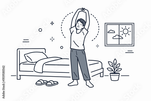 Person stretching with arms above head, waking up in bedroom, morning routine concept