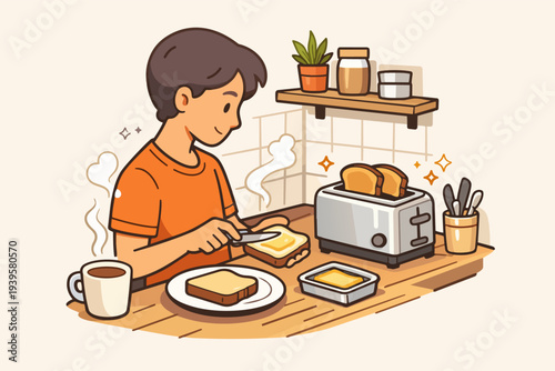 Young man preparing breakfast, spreading butter on toast in kitchen