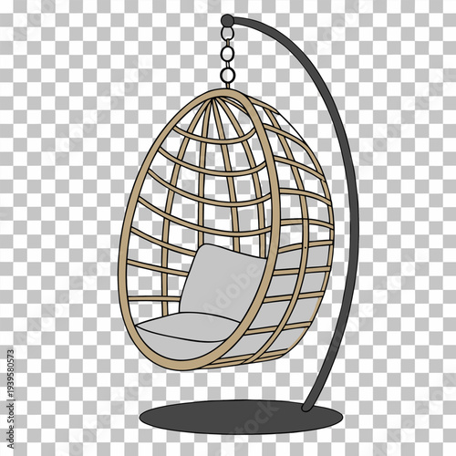 A hanging wicker chair dominates the frame, centered and suspended from a metal chain at the top. The chair features a rounded, teardrop shape with a woven pattern in a natural, light brown color. Ins