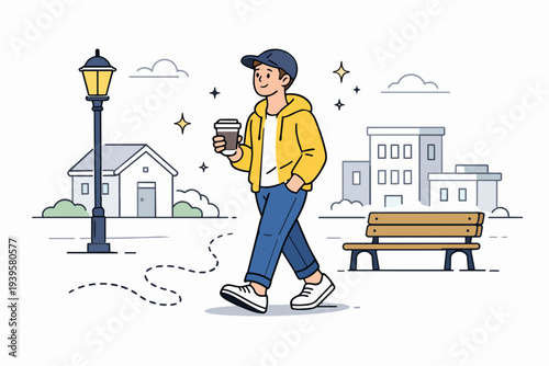 Young man walking with coffee in city park enjoying leisure time and urban lifestyle
