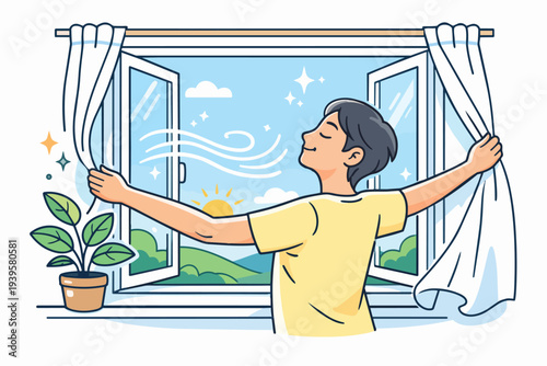 Person enjoying fresh air from open window, welcoming morning sunshine and wellness