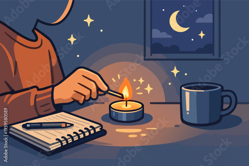 Person lighting a candle for a cozy evening of journaling and reflection
