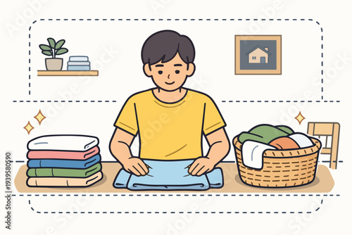 Man folding clean clothes, managing laundry and household chores, domestic life