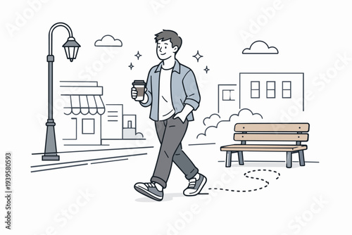 Smiling man casually walking with a takeaway coffee mug on a city street