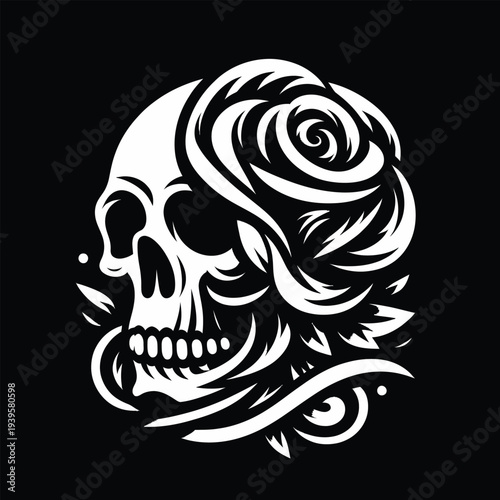 A white vector icon set illustration of a human skull with a rose on its head against a black background.