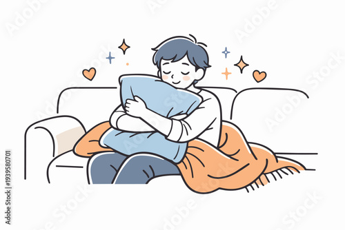 Young man finding comfort and happiness hugging a soft pillow on sofa at home