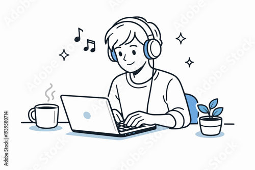 Young person listening to music while working on laptop, staying productive and relaxed