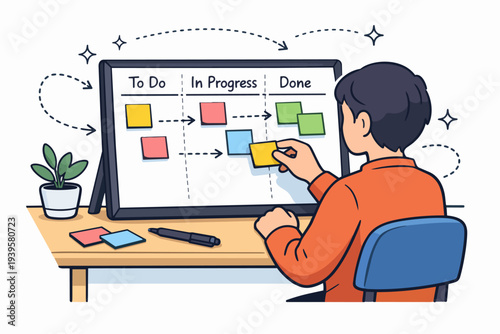Person moving sticky notes on a whiteboard, managing tasks for enhanced productivity
