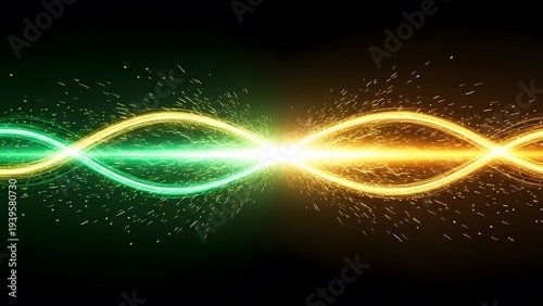 Energy fusion and abstract wave frequency. Quantum physics and electric power. Green and orange glowing light waves colliding with sparks and lightning on a black background