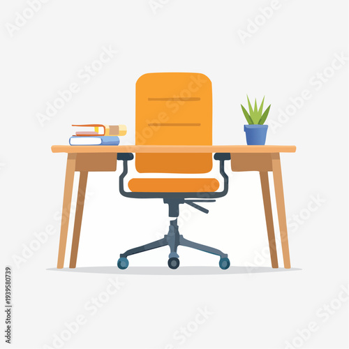 Modern office desk with a swivel chair and a potted plant, perfect for remote work or a stylish home office setup