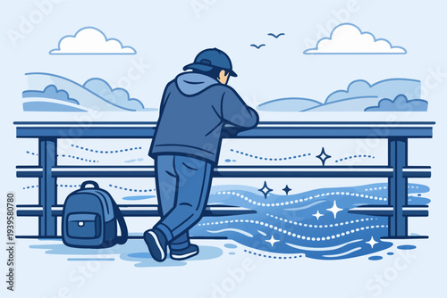 Man leaning on bridge railing, contemplating river view at dusk