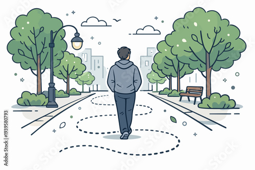 Man walking his own winding path in a park, choosing a unique journey