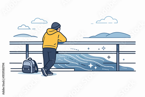 Traveler looking at sea horizon, contemplating solitude and wanderlust