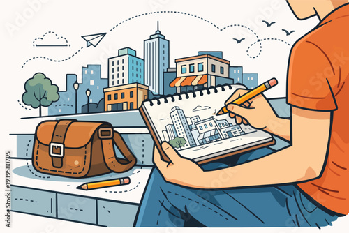 Person sketching cityscape with pencil in a notebook, creating urban street art