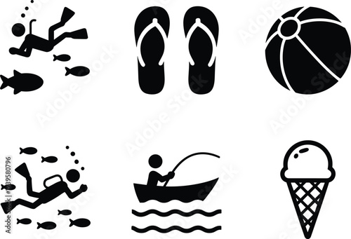 Summer beach activity icons set with scuba diving flip flops beach ball fishing boat ice cream cad drawing flat vector illustration