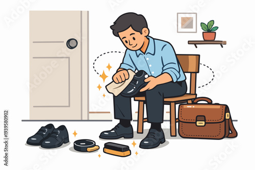 Employee shining shoes for professional look, preparing for work or formal event