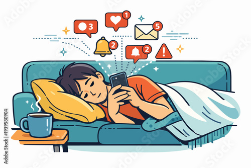 Young person staying up late, checking social media notifications on smartphone in bed