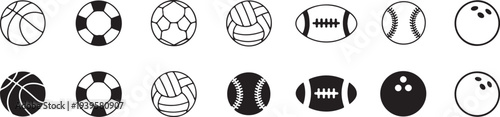 sports icons ball symbols outline and solid vector set