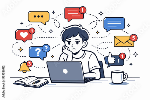Young person overwhelmed by social media notifications and digital information overload