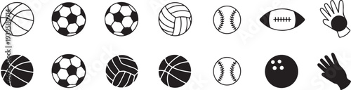 sports icons ball equipment glyphs outline and solid versions