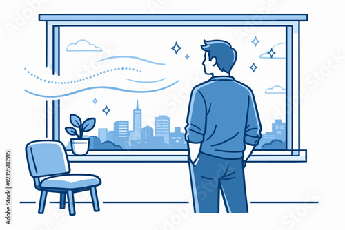 Man standing at open window, looking out over city, thinking and enjoying breeze