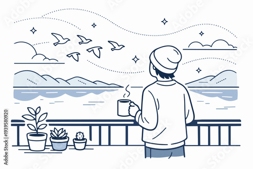Person enjoying morning coffee on balcony, watching birds fly over lake and mountains