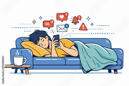 Young person experiencing social media addiction and digital information overload on sofa