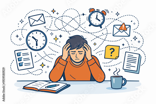 Stressed person holding head, feeling overwhelmed by work and deadlines