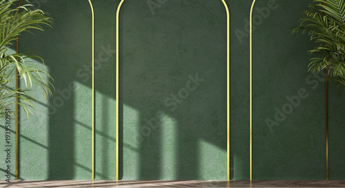 Modern indoor space with green walls and gold accents featuring tropical plants