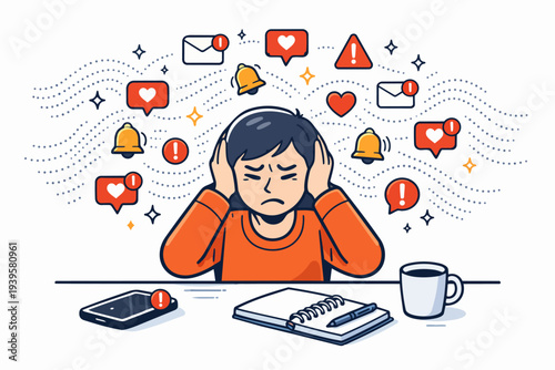 Person overwhelmed by social media notifications and digital overload stress