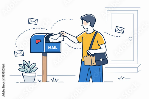 Person sending mail via blue outdoor mailbox, communication and delivery service