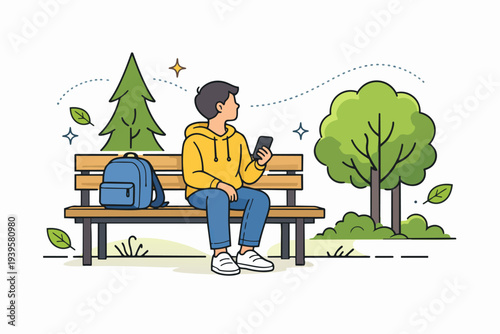 Young man relaxing in park, sitting on bench, exploring nature, holding phone
