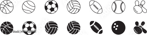 sports icons vector set of ball equipment outline and solid