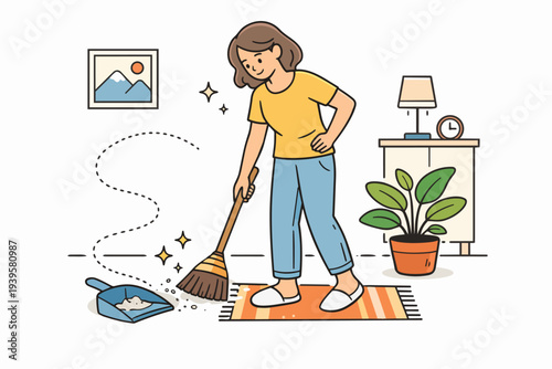 Woman sweeping floor with broom and dustpan, cleaning home, doing housework routine