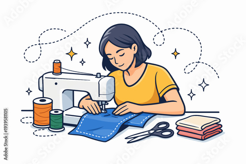 Woman sewing fabric with a machine, creating fashion and handmade clothing